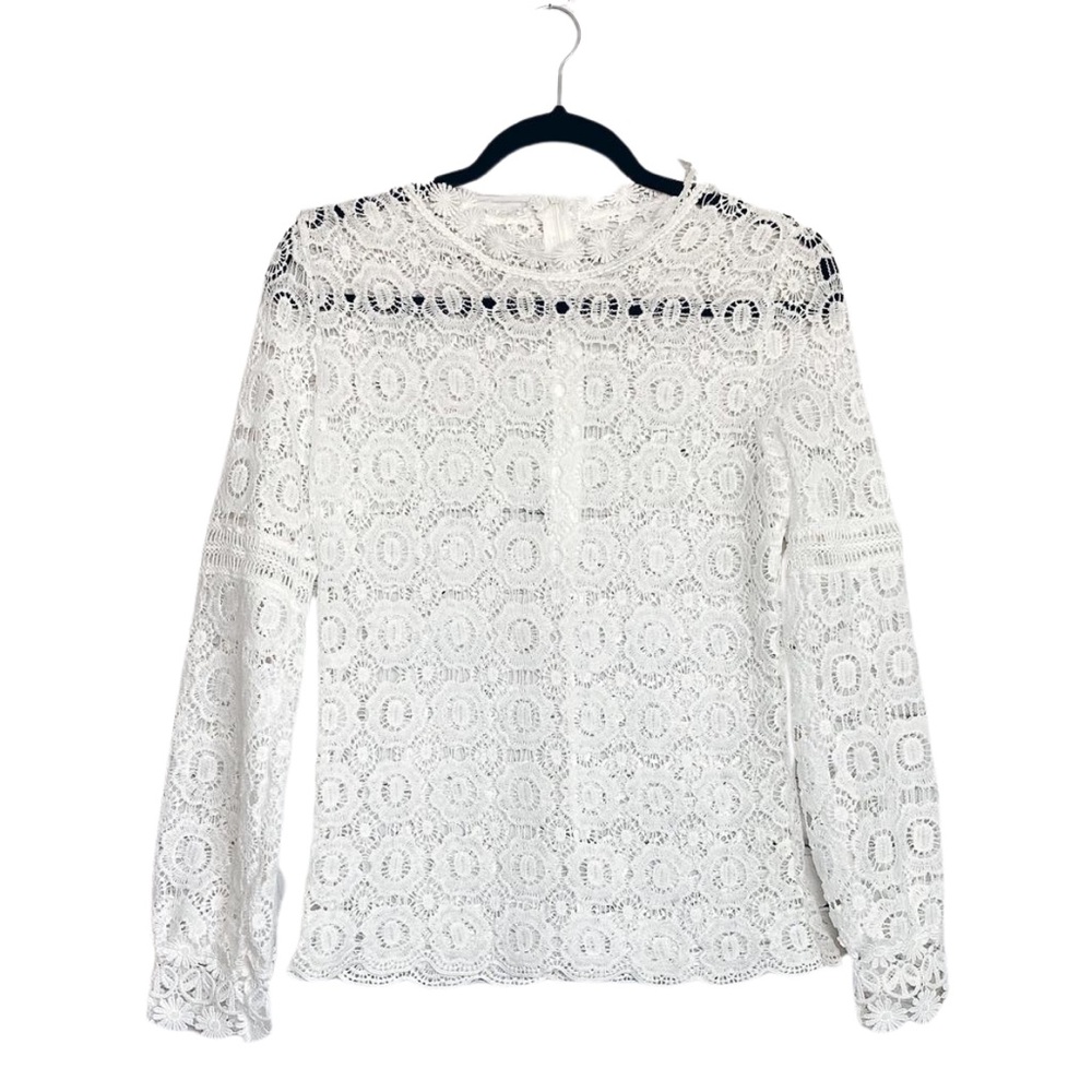 Mock High Collar White Embroidered Crochet Lace Floral Detail Shirt Long Sleeve